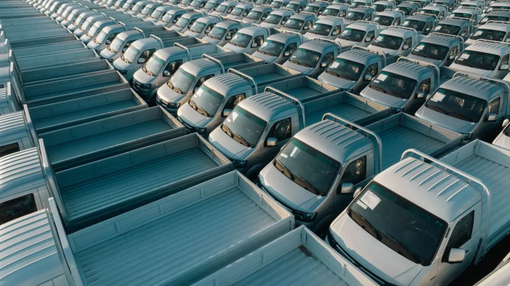 Rows of white pickup trucks staged together for fleet distribution