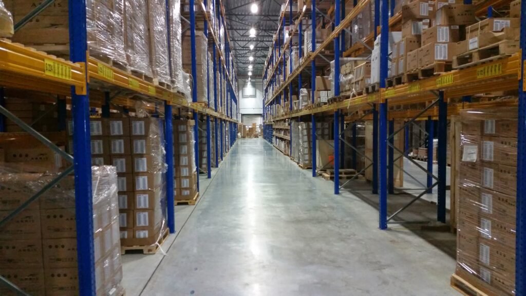 Cartons and palletized goods stored in a commercial warehouse