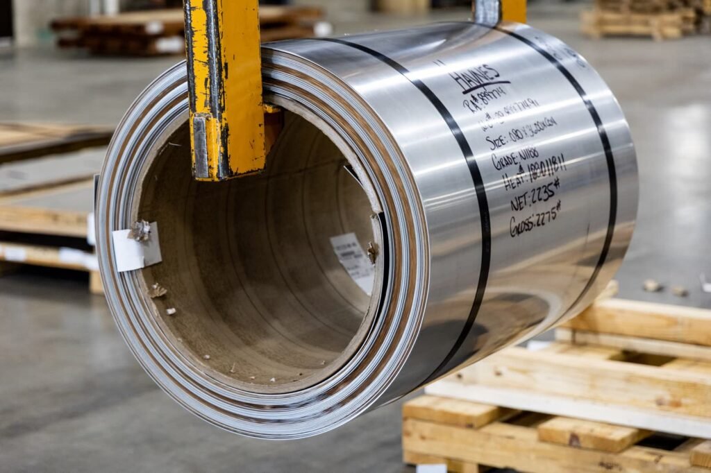 Metal coil stored on a pallet at a manufacturing facility