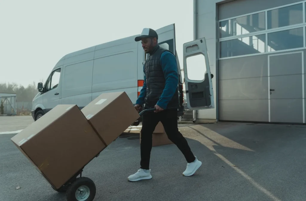 Delivery worker moving two boxes on a hand truck beside a van