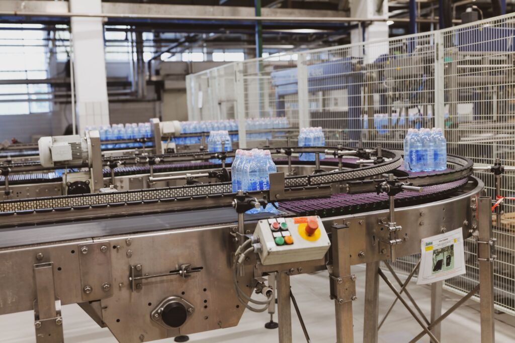Bottled water moving along a factory production line