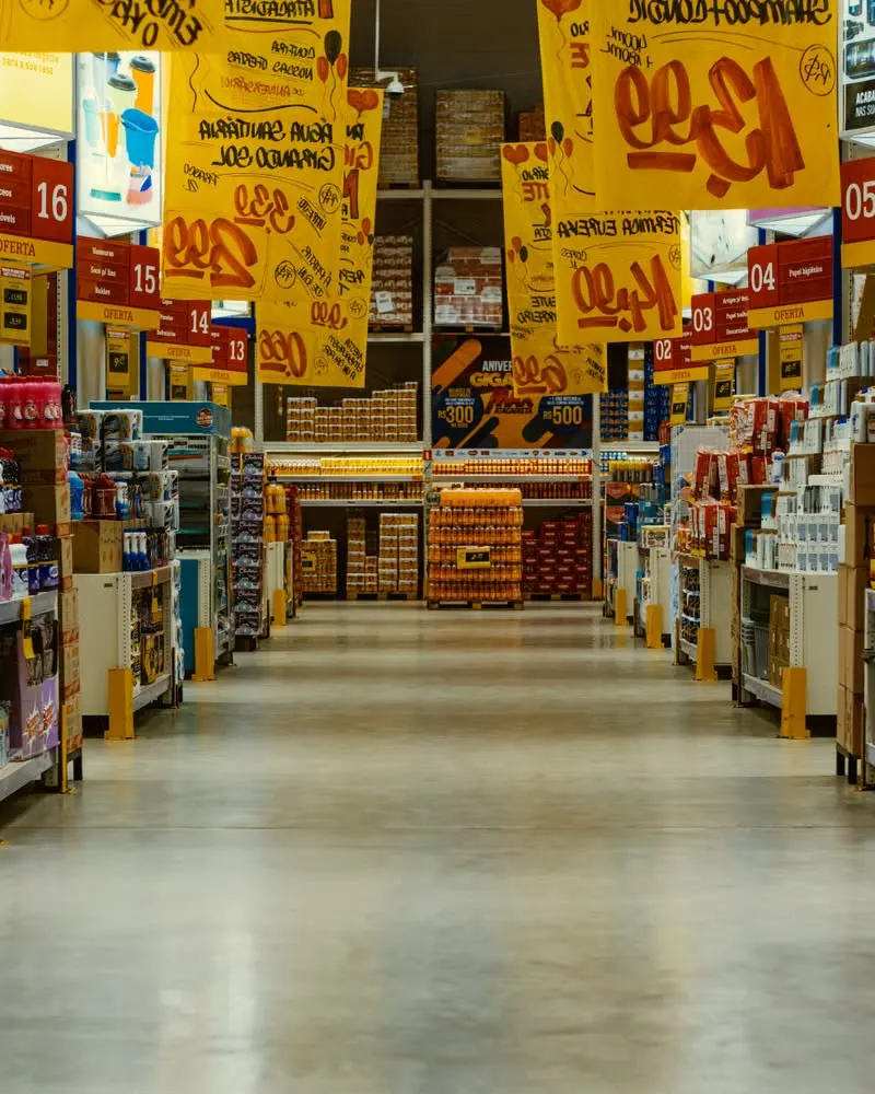 Stocked aisles and sale displays inside a retail store