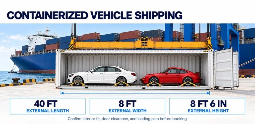 Two cars secured inside a shipping container at port; illustrative 40-foot length, 8-foot width and 8-foot-6-inch height