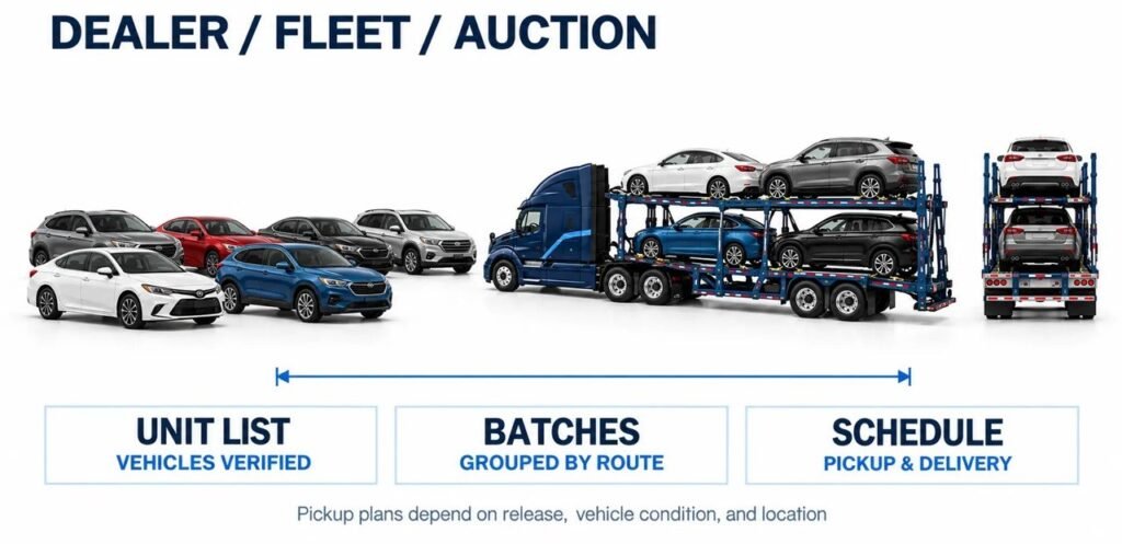 Vehicle lineup and open car carrier illustrating verified unit lists, route batches and pickup scheduling