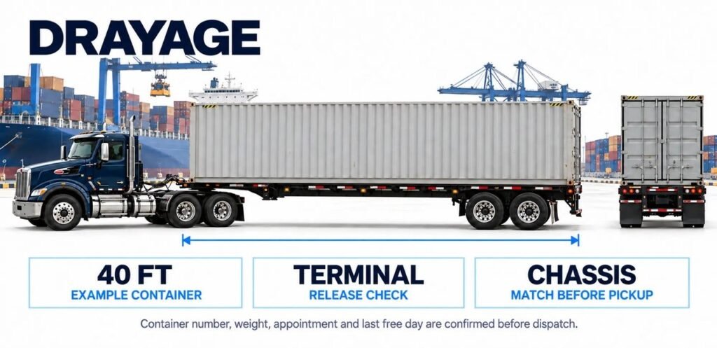 Navy truck hauling a 40-foot container at a port; terminal release and chassis match before pickup