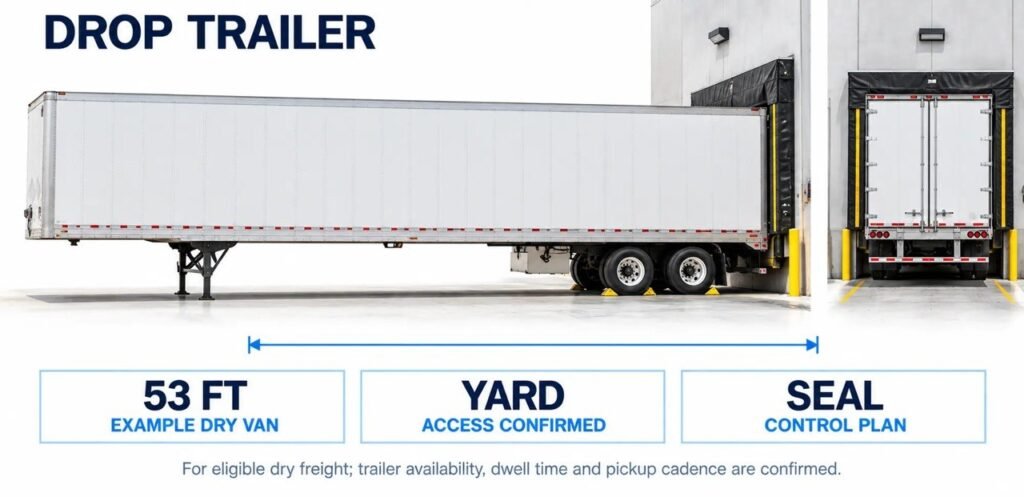 53-foot dry van trailer staged at warehouse docks for scheduled pickup and freight loading