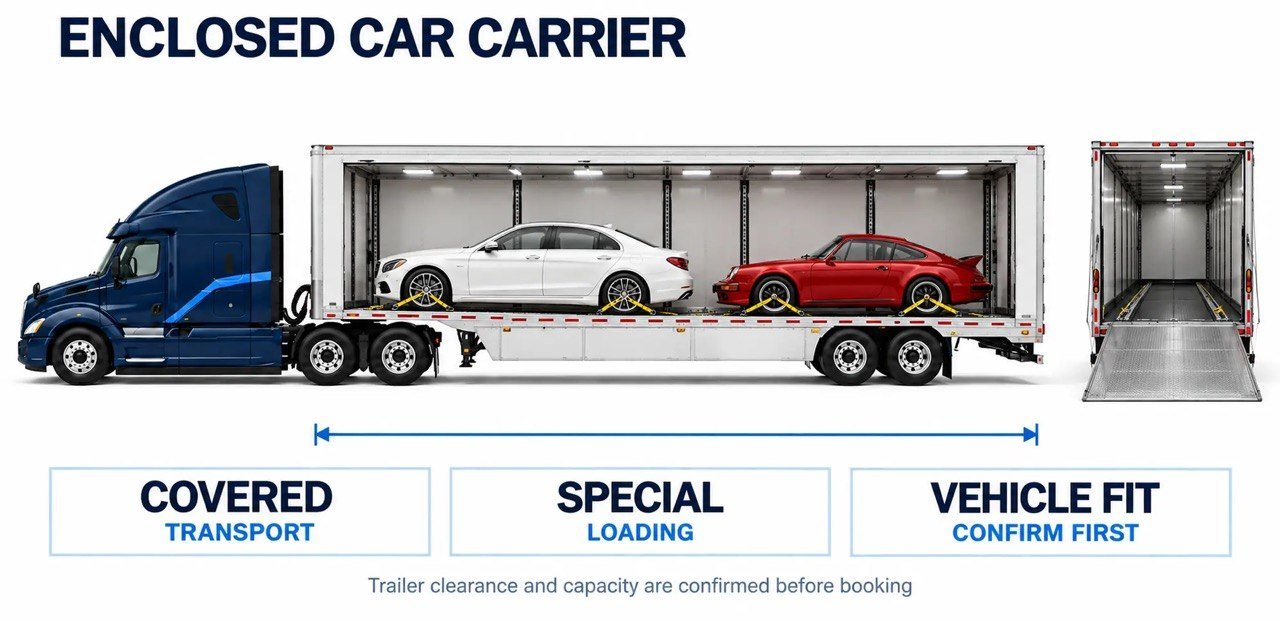 Illustration of an enclosed vehicle transport trailer