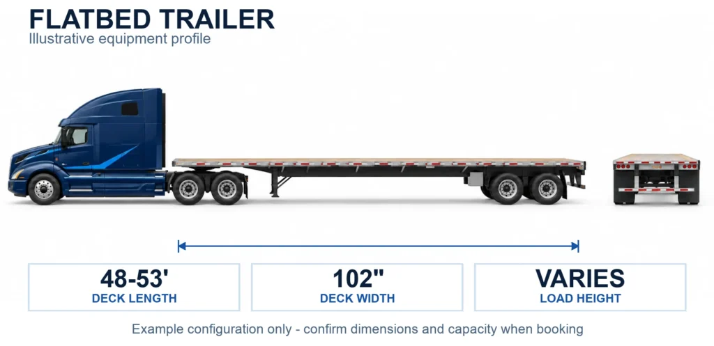 Navy flatbed truck showing illustrative 48–53-foot deck length and 102-inch deck width on white background