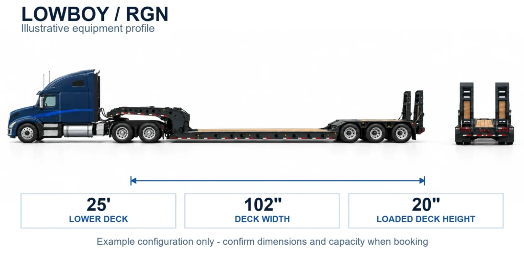 Navy lowboy RGN truck showing illustrative low deck dimensions on white background