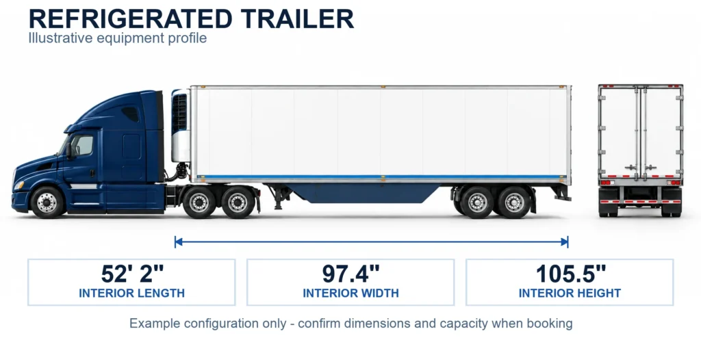 Navy refrigerated freight truck with illustrative trailer interior dimensions on white background