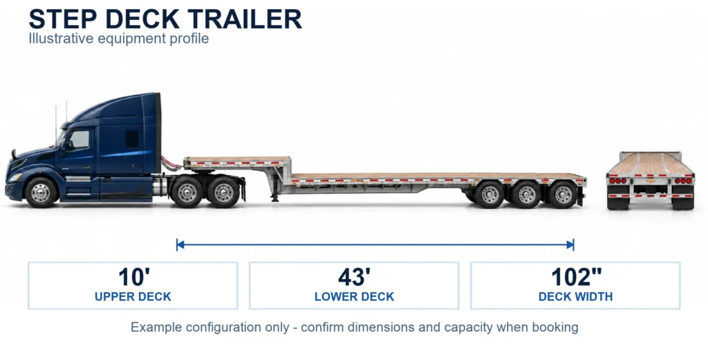 Navy step deck truck showing upper and lower deck dimensions on white background