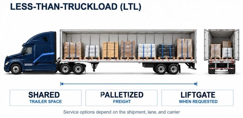 Navy truck with palletized freight sharing trailer space; liftgate service may be requested for LTL shipments