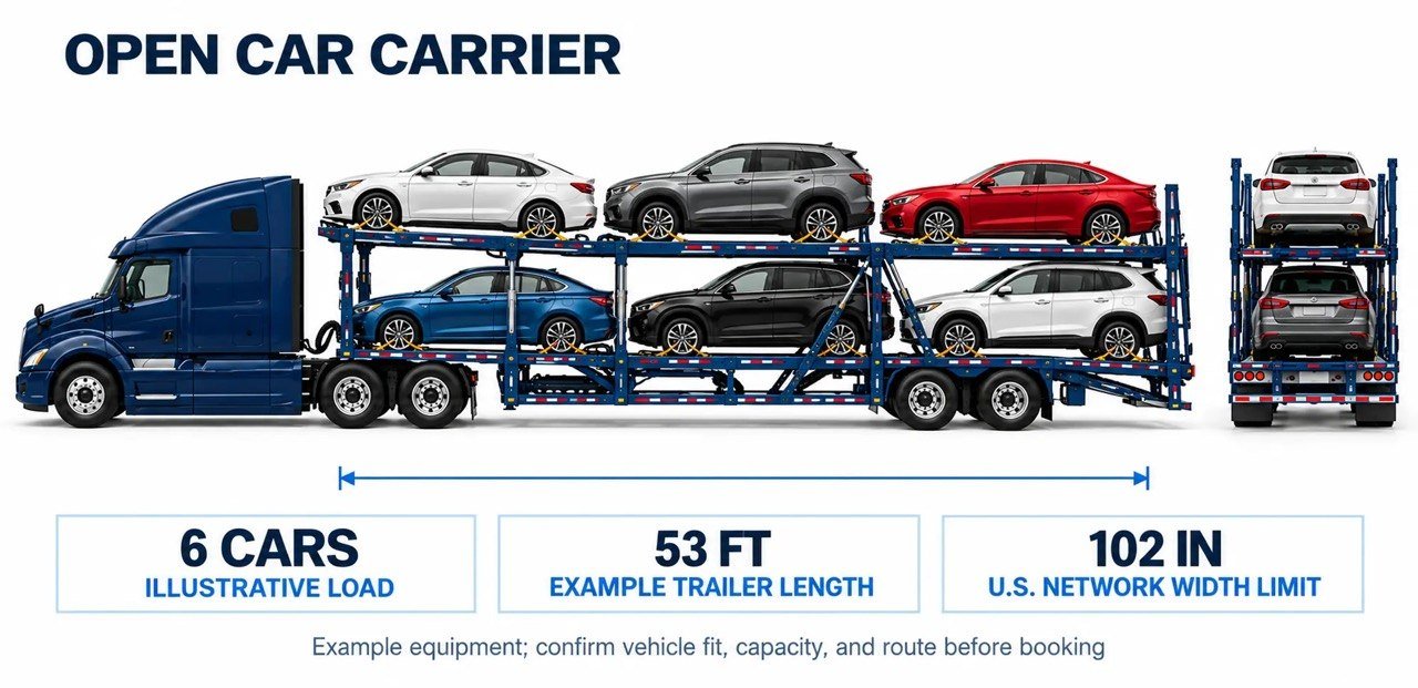Illustration of an open carrier transporting passenger vehicles