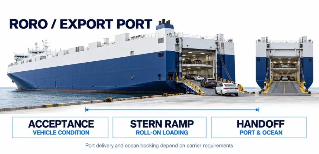 Cars boarding a roll-on roll-off ship by stern ramp for vehicle export and port handoff