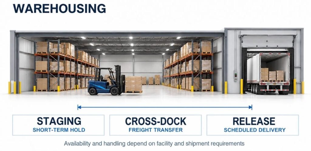 Warehouse with pallet storage, forklift and docked trailer; staging, cross-dock and scheduled release services